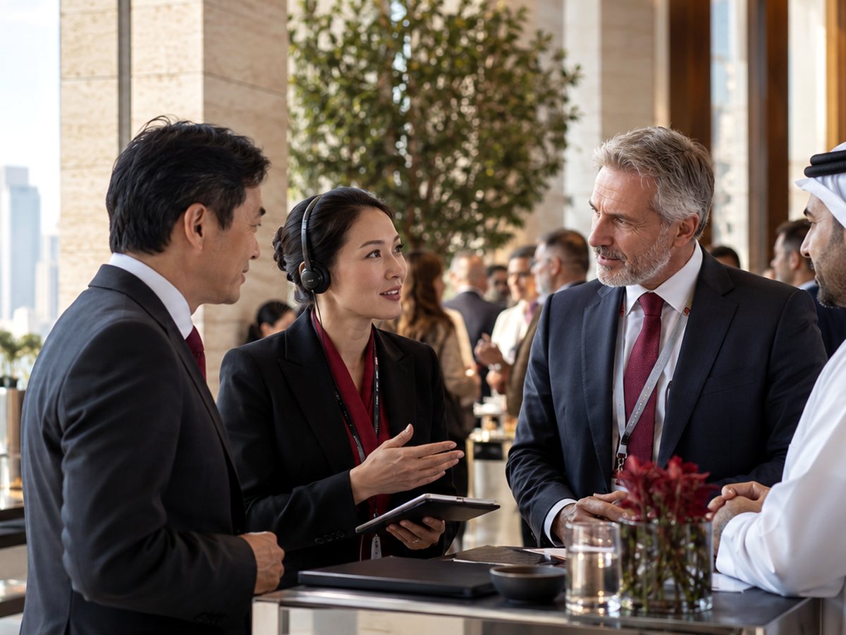 Colleagues in conversation with an interpreter wearing a headset.