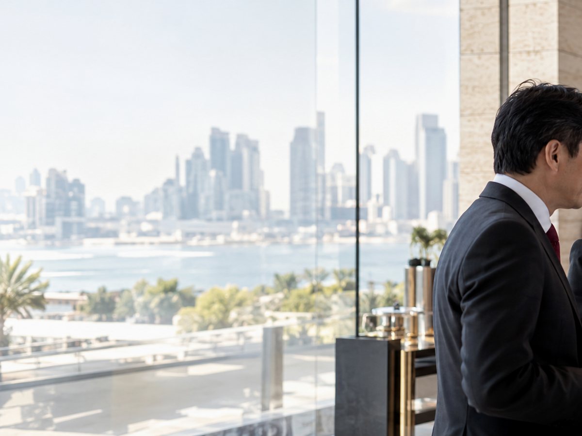 International business colleagues meeting against a city skyline.