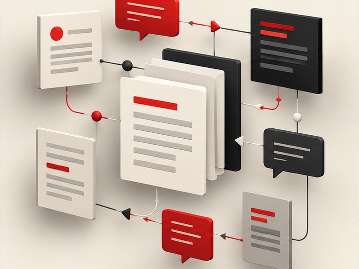 Multilingual documents and speech bubbles connected in a workflow.