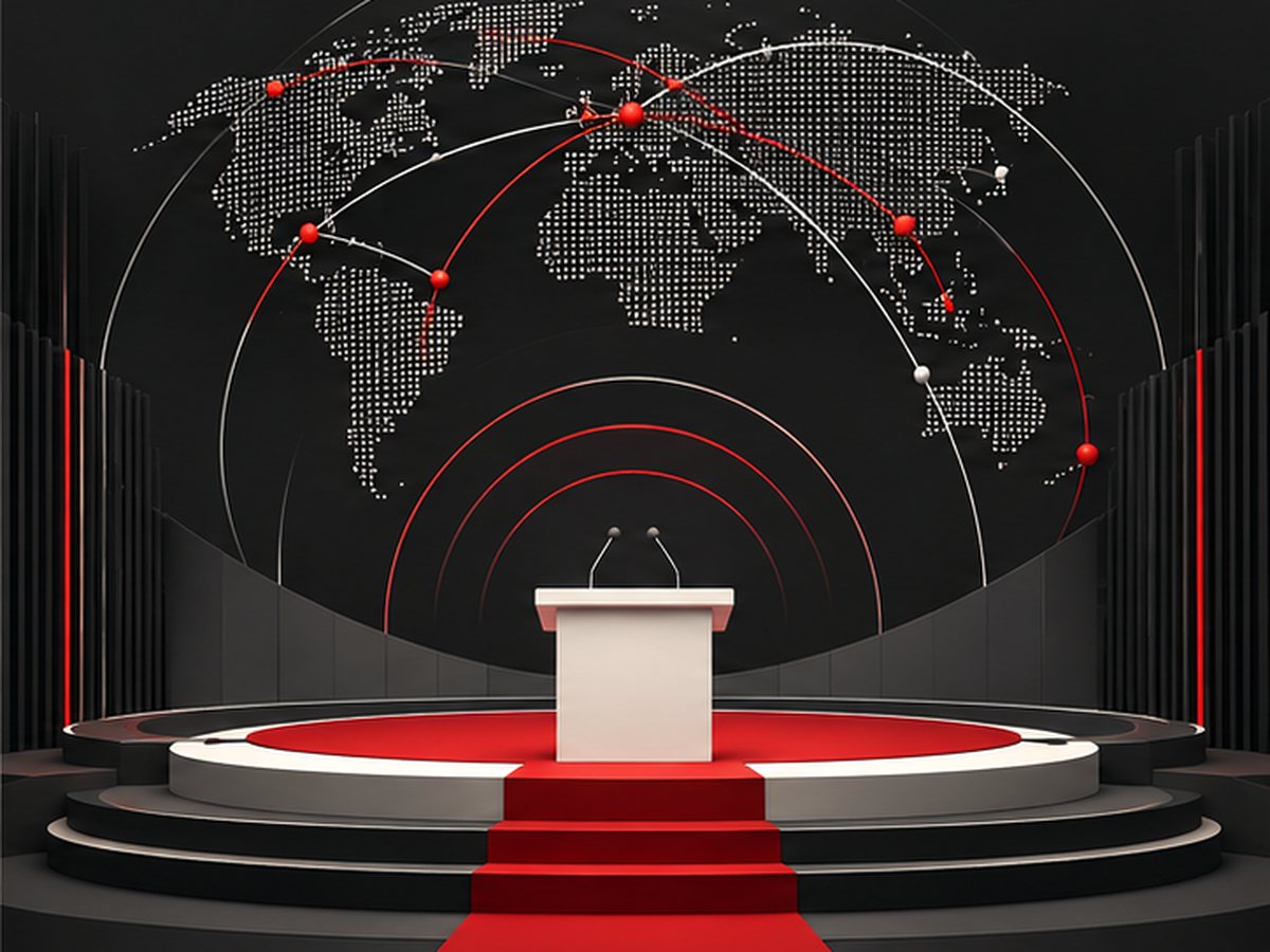 A conference stage prepared for a multilingual event.